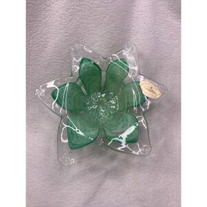 Murano Italy Art Glass Flower Trinket Candy Dish Candle Holder, Green